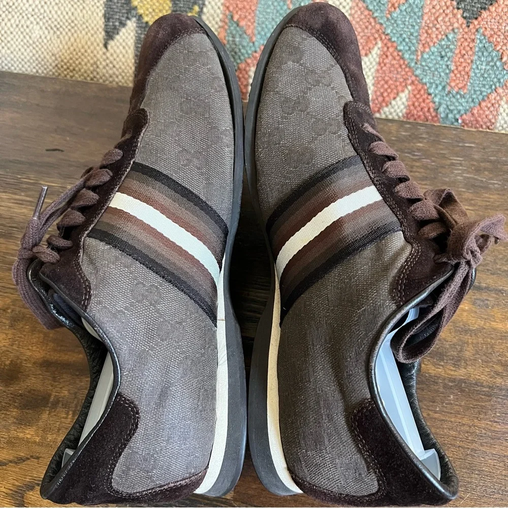 GUCCI Brown Canvas/Suede Web Detail Low Top Sneakers Gucci Size 7.5 US8